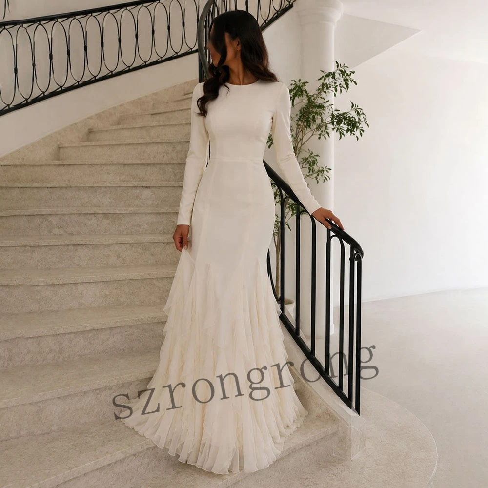 

Customized Modern O-neck Long Sleeve Sheath Bridal Evening Dress Floor-Length Tulle Prom Saudi Dress with Court