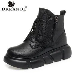 DRKANOL donna Shearling stivali da neve inverno lana naturale caldo grosso piattaforma zeppe tacco vera pelliccia di vacchetta stivaletti neri H3302