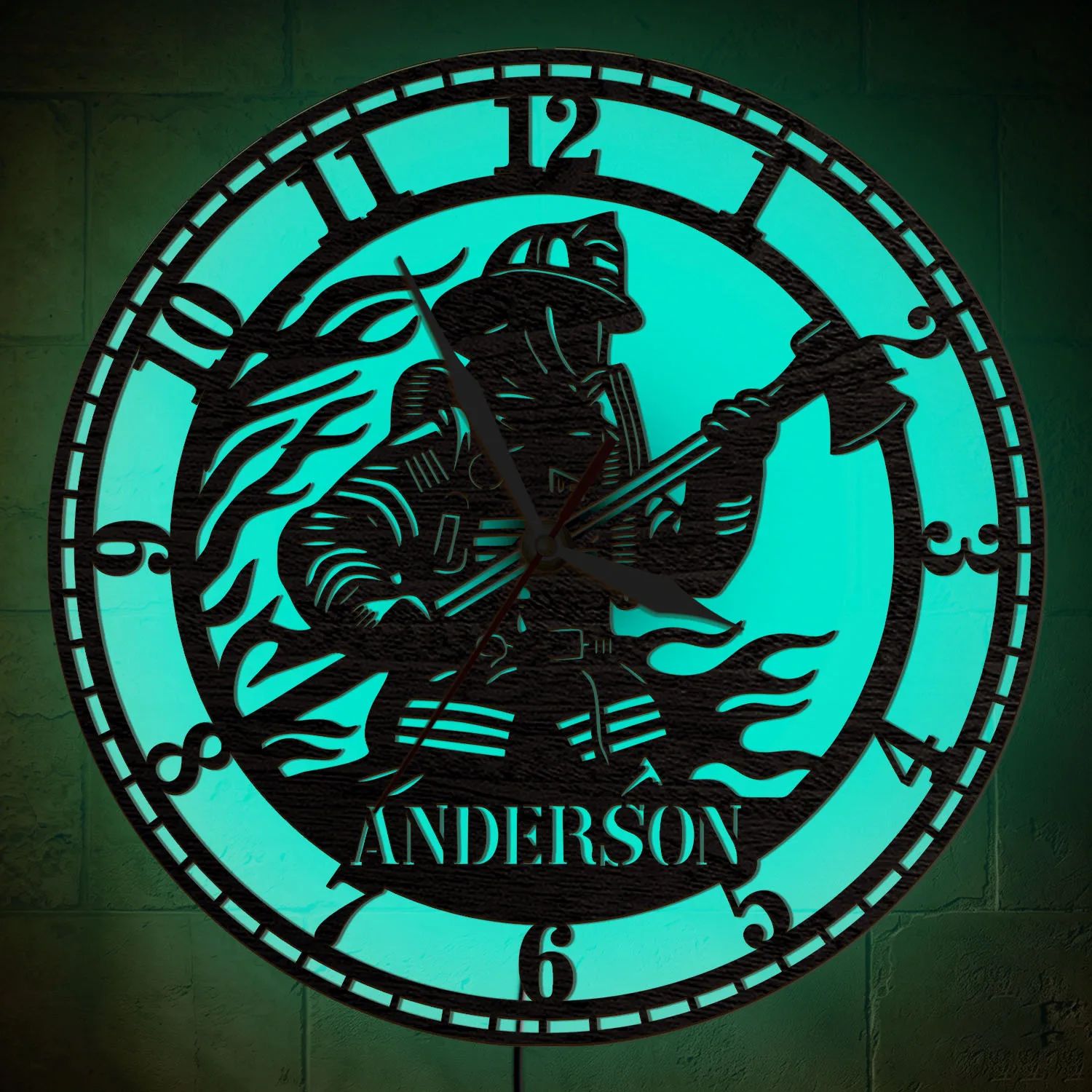 Firefighter Custom Name LED Color Change Light Up Wall Clock For Fire Department Personalized Fireman Wooden Backlit Wall Clock