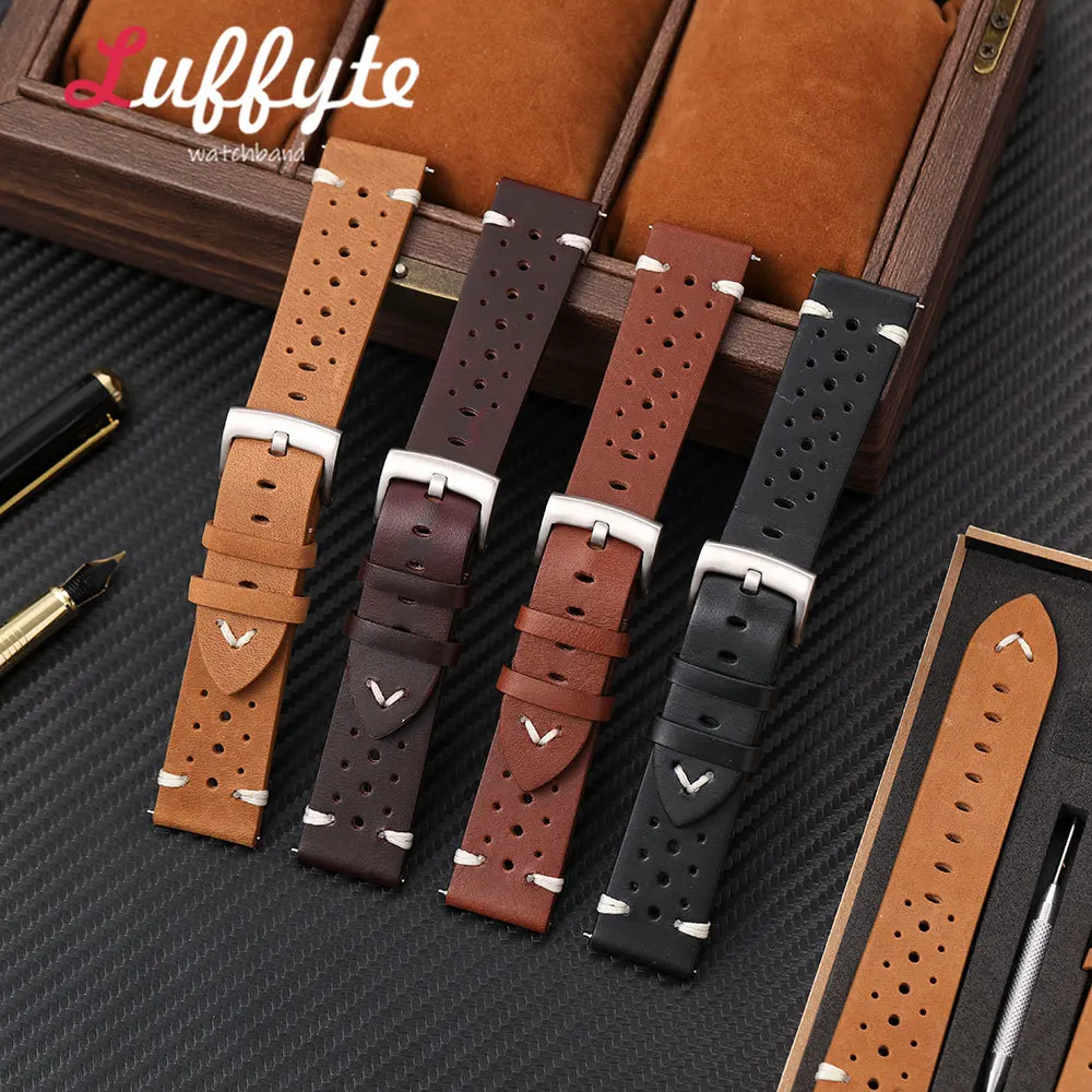 Men Oil Wax Leather Watch Strap 20 22mm with Quick Release Spring Bar Gift Packing Box Business Style Genuine Leather Wristband