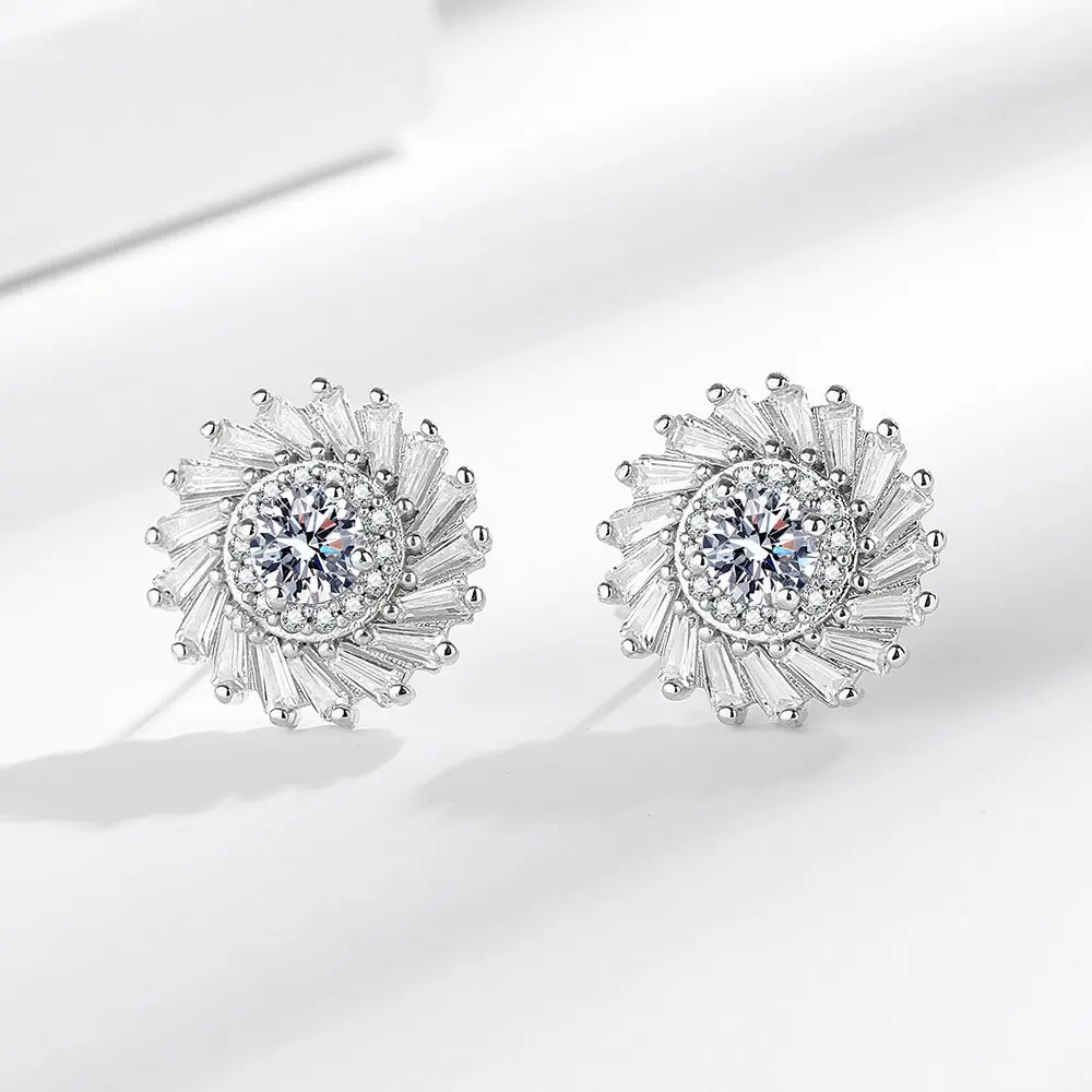 

Luxury Full of Zircon Exquisite Design 925 Sterling Silver Shining Sunflower Stud Earrings Wedding Jewelry