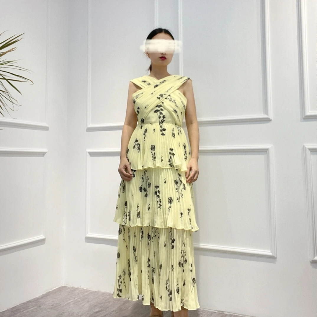 2022 Women Summer High Quality Black Botanical Print Light Yellow Sky Blue Cross Ruched Sleeveless Midi Dresses