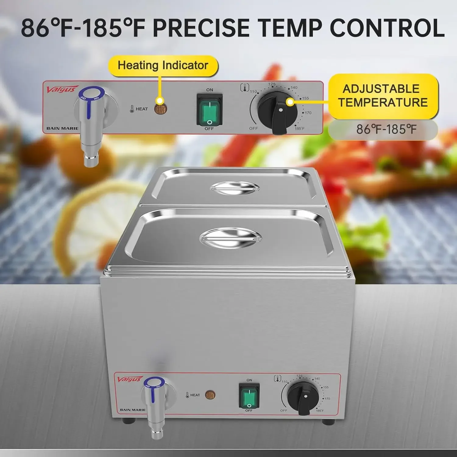 สแตนเลสเกรดเชิงพาณิชย์ 2 ส่วน 19 Qt Bain Marie บุฟเฟ่ต์อุ่นอาหารโต๊ะไอน้ําพร้อมระบบควบคุมอุณหภูมิ ฝาปิด และ Wa