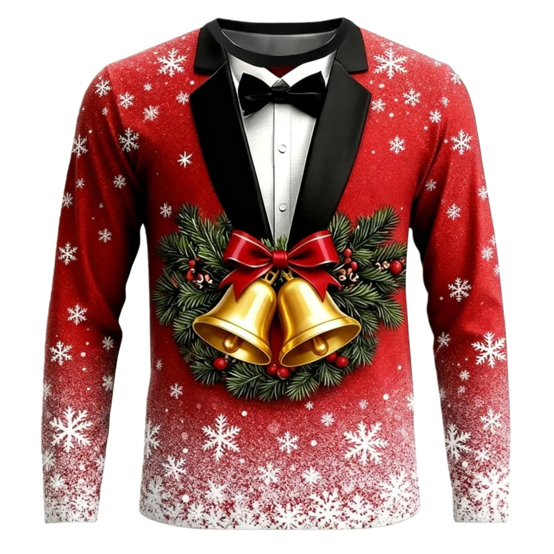 

Fashion New Christmas Fake Tuxedo Men's T-shirt Funny Festive Cosplay Clothing Xmas Party Long Sleeve Red Tees Daily Casual Tops