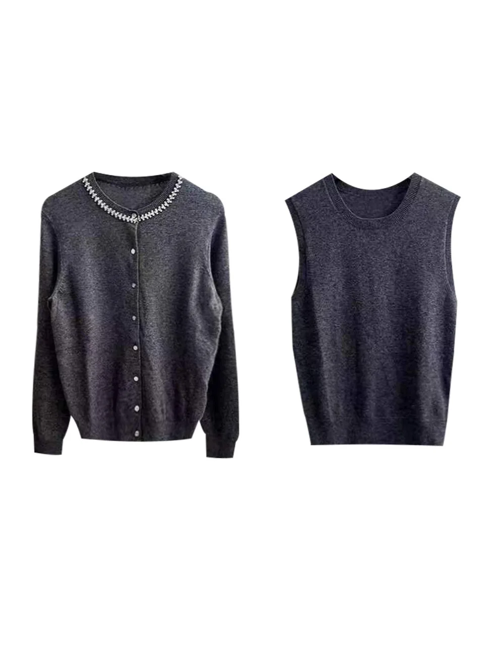 

Diamond Decorative Women's Knitted Set Round Neck Single Breasted Long Sleeved Cardigan + Sleeveless Vest Fashion Suit