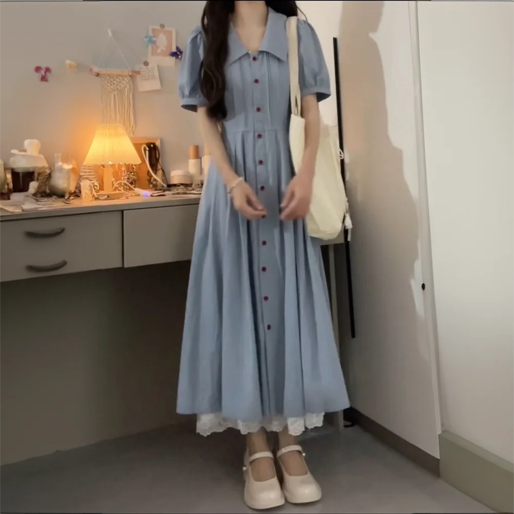 

Slim dress female summer white and blue slim design sense covered meat lapel short sleeve dress age niche long A-line skirt.