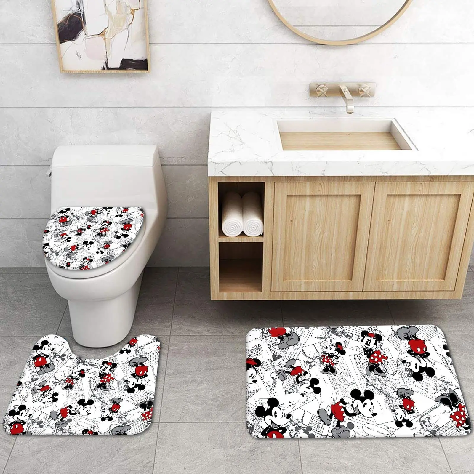 Mickey Minnie 4Pcs Shower Curtain Set with Non-Slip Rugs Toilet Lid Cover Bath Mat Waterproof Bathroom Curtain with Hooks