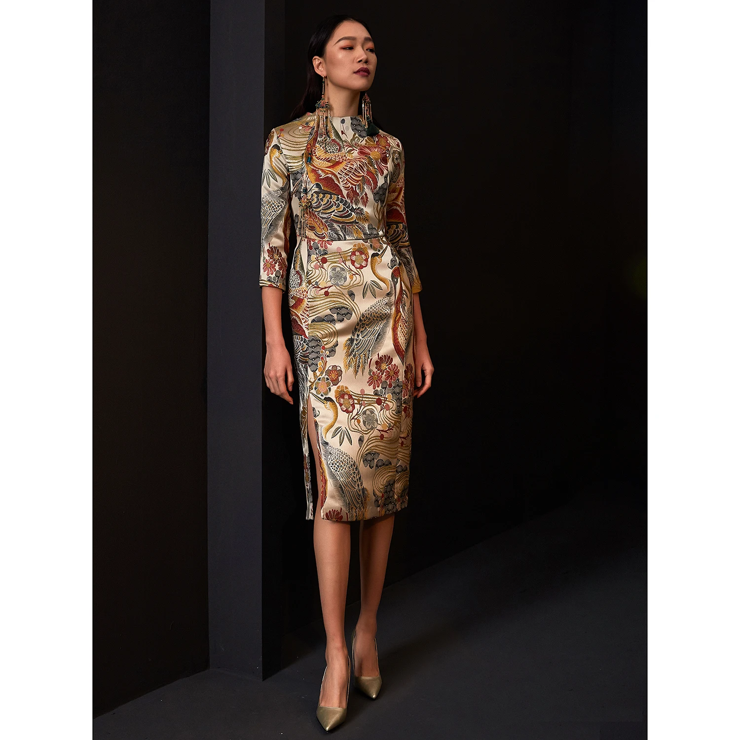 

Luxury Gold Crane Embroidery Reformed Long Dr Women's Faion Retro Sle High Slit Cotton Blend Skirt