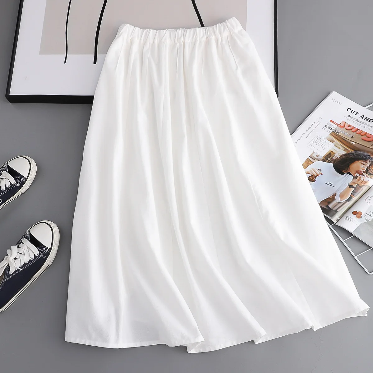 New Spring Cotton A-Line Skirts Women Elastic Waist Solid Color Skirt Girl Sweet Commute Casual Loose Skirt 2024 Summer B45506QM