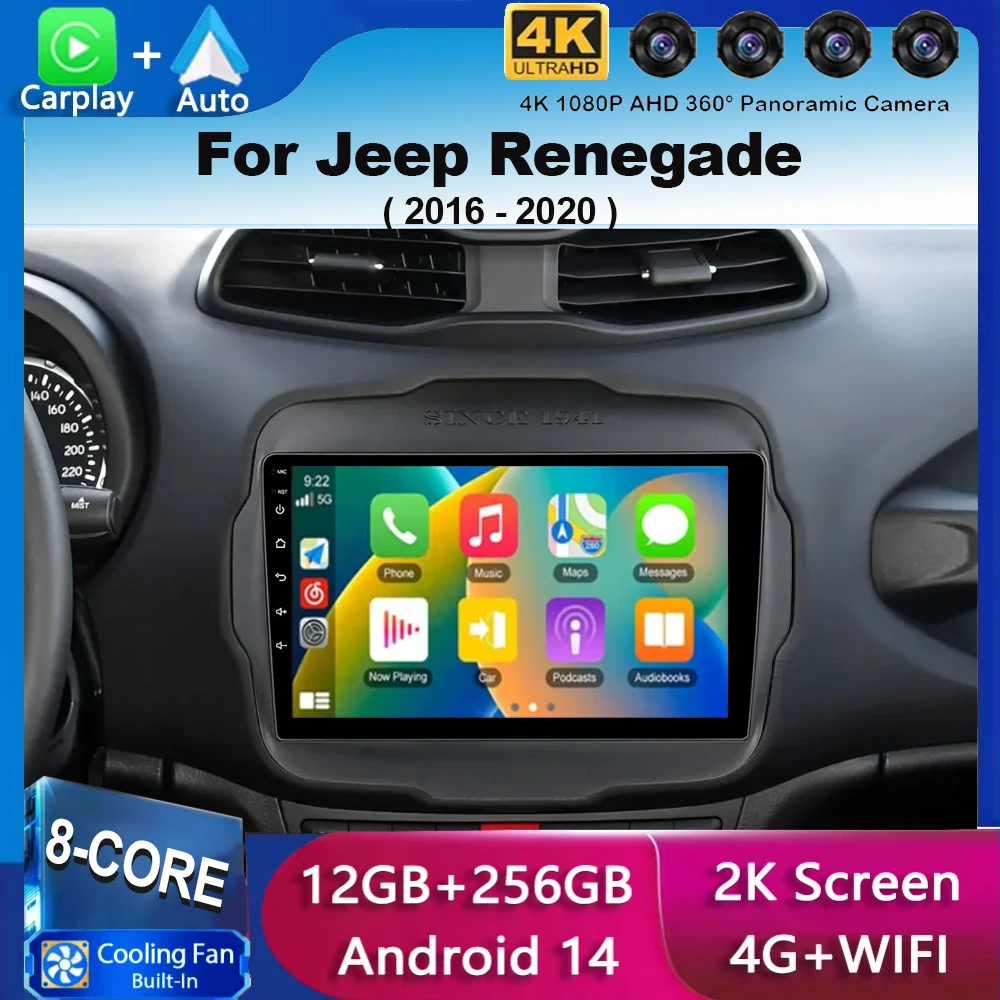 Android 14 Auto Carplay WIFI+4G LTE Car Radio For Jeep Renegade 2016 2017 2018 2019 2020 Multimedia Player GPS Stereo 360 Camera