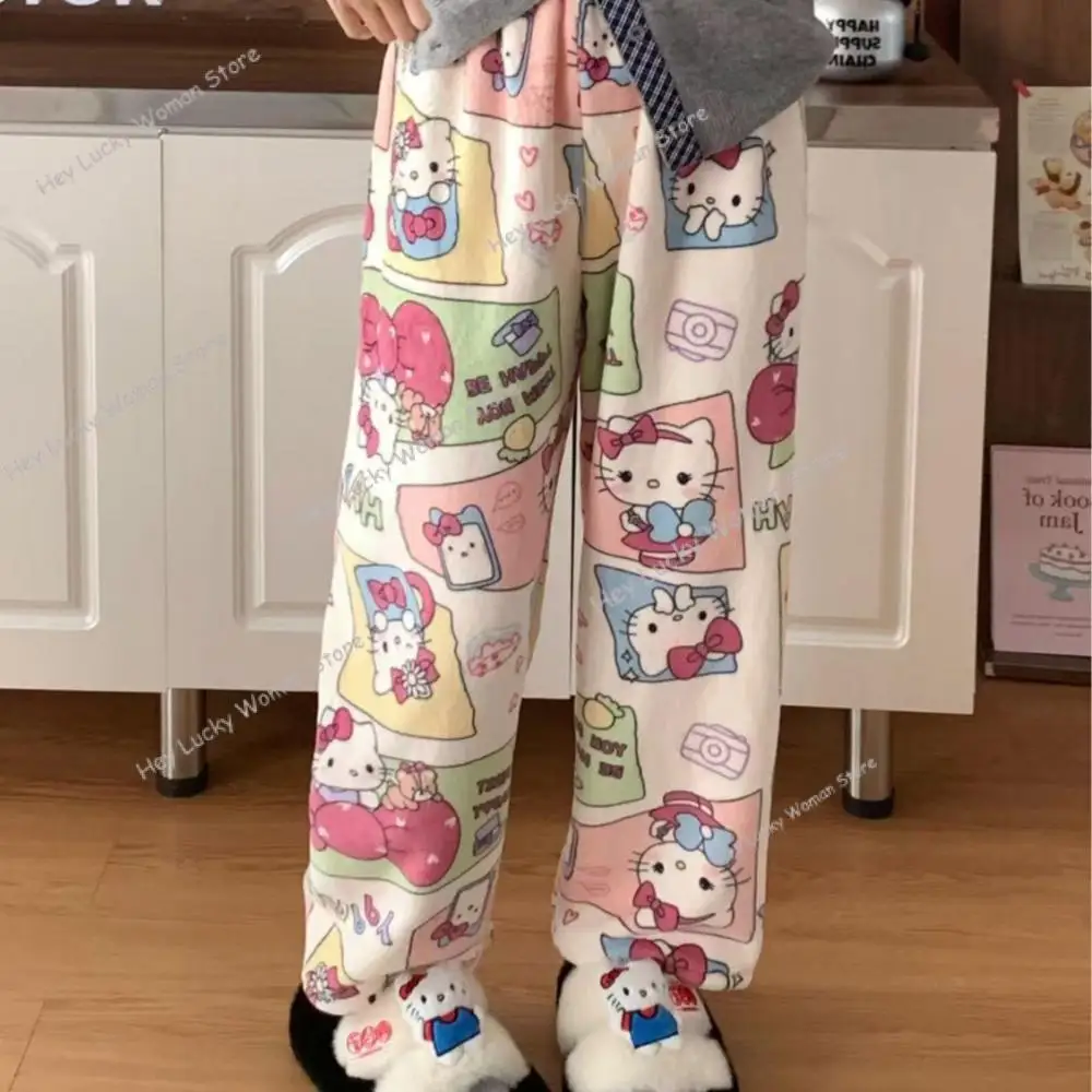 Cartoon Sanrio Hello Kitty Pajamas Flannel Fashion Trousers Kawaii Women Casual Plush Home Pants Cartoon Warm Comfortable Pants