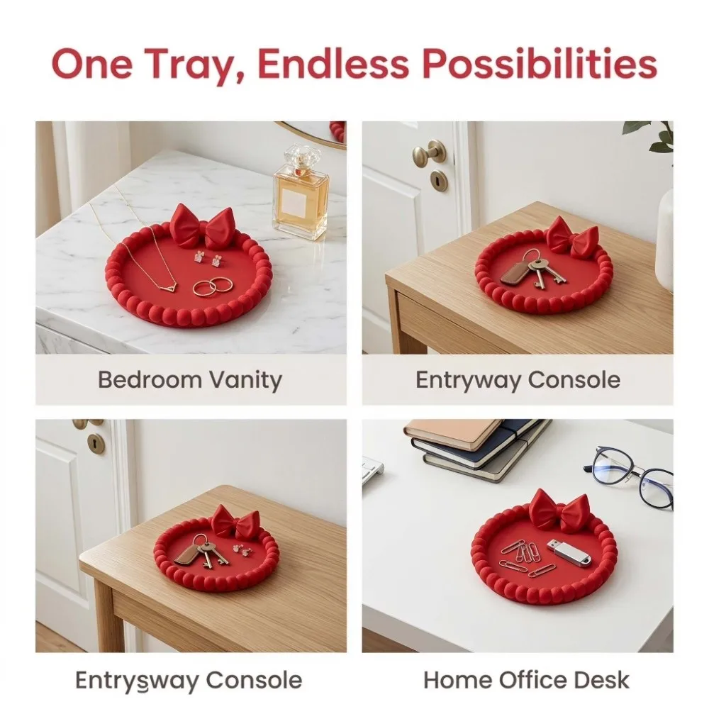 3D Printed Red Bow Jewelry Tray Home Storage Vanity Decor Cute Round Desktop Organizer Decorative Multi Functional