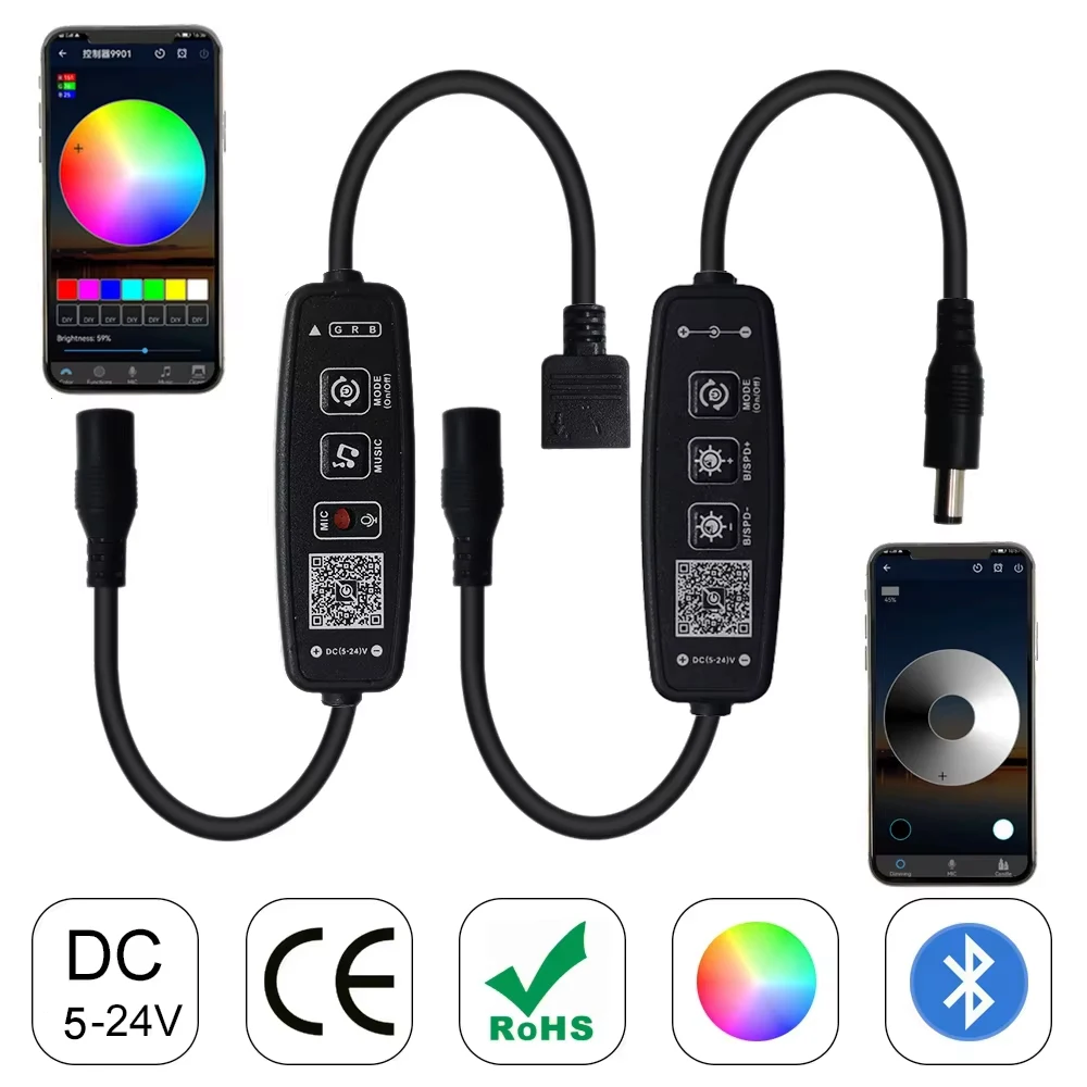 DC5-24V 2Key Mini With Bluetooth Music Button/Phone APP Controller For 4Pin 5050 RGB 3Pin Individually Addressable Led Strip
