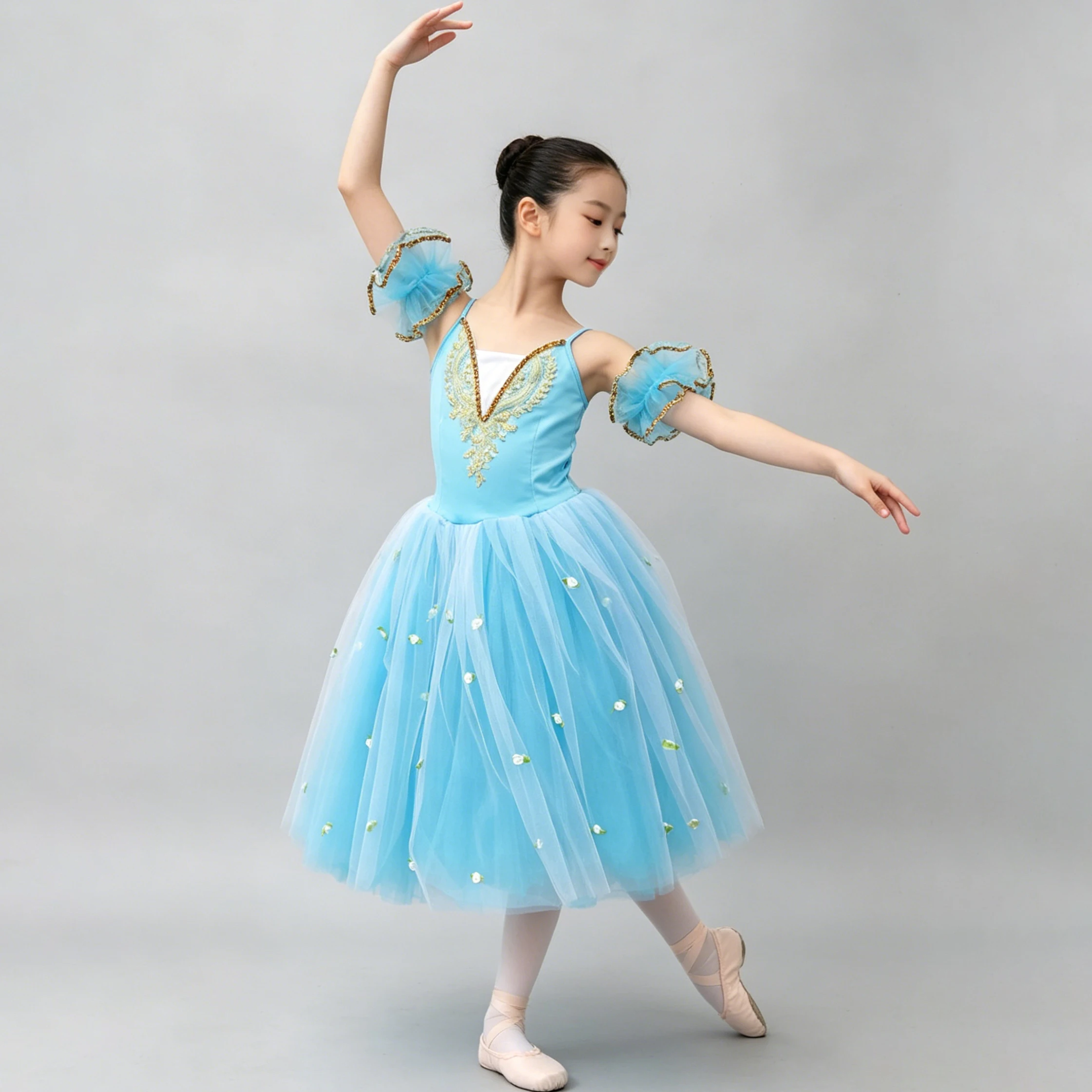 Professional Romantic Ballet Tutu Dress Slip Gauze Embroidery Flower decoration Children's Party Dress Ballet Dance Size 100-170