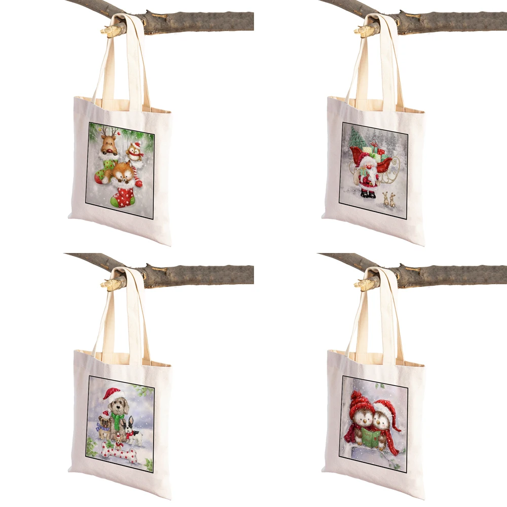 Vrolijk Kerstfeest Casual Vrouwen Boodschappentassen Cartoon Kerstman Sneeuwpop Opvouwbaar Eco Canvas Lady Shopper Bag Xmas Tote Handtas