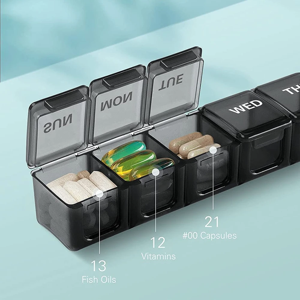 1 kleiner wöchentlicher Pillen-Organizer für 7 Tage, Tages-Pillenetui im Taschenformat, Tagesplaner, Pillenbox für Pillen/Vitamin/Fischöl/Ergänzungsmittel – Detail 18