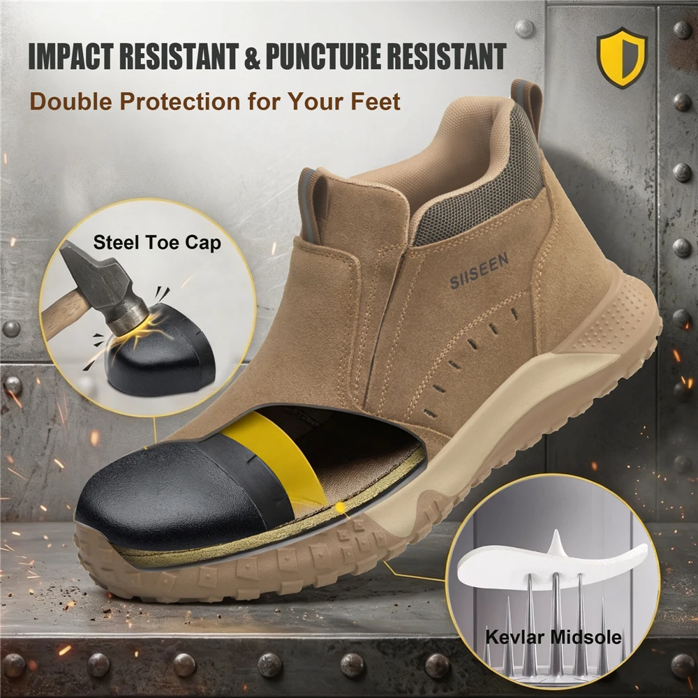 Men's Lightweight Breathable Impact- And Puncture-Resistant Shoes with Durable Button Closure Comfortable Safety Footwear
