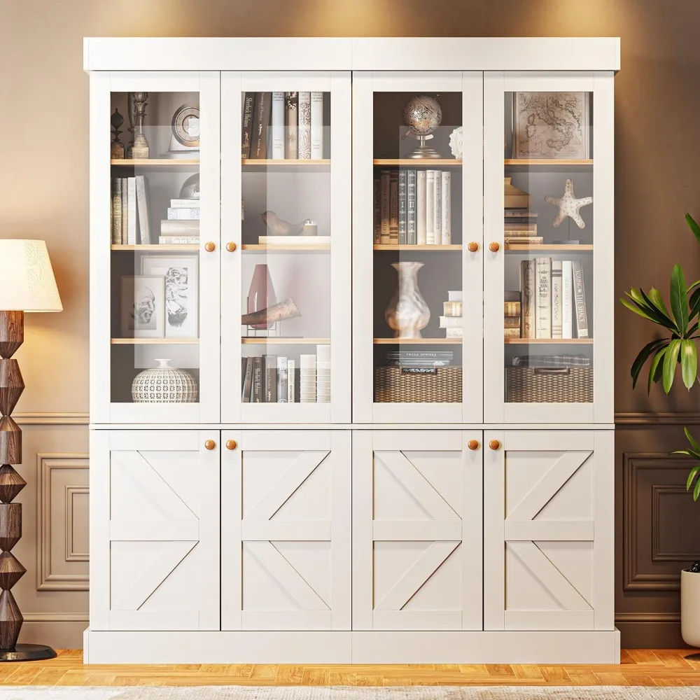 

71" Tall Farmhouse Bookshelves with Glass Doors,Wooden Storage Cabinet,White Glass Door Cabinet Unit(2 Pcs)