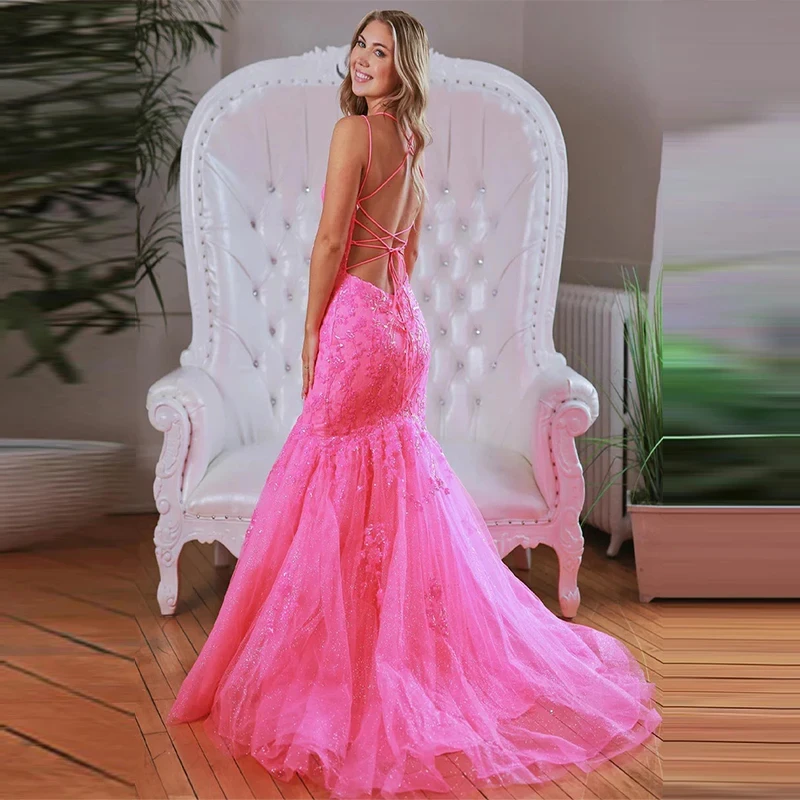 V-neck Sleeveless Floor-length Spaghetti Straps Mermaid Appliques Prom Dresses Lace Up Evening Formal Party Backless Gowns