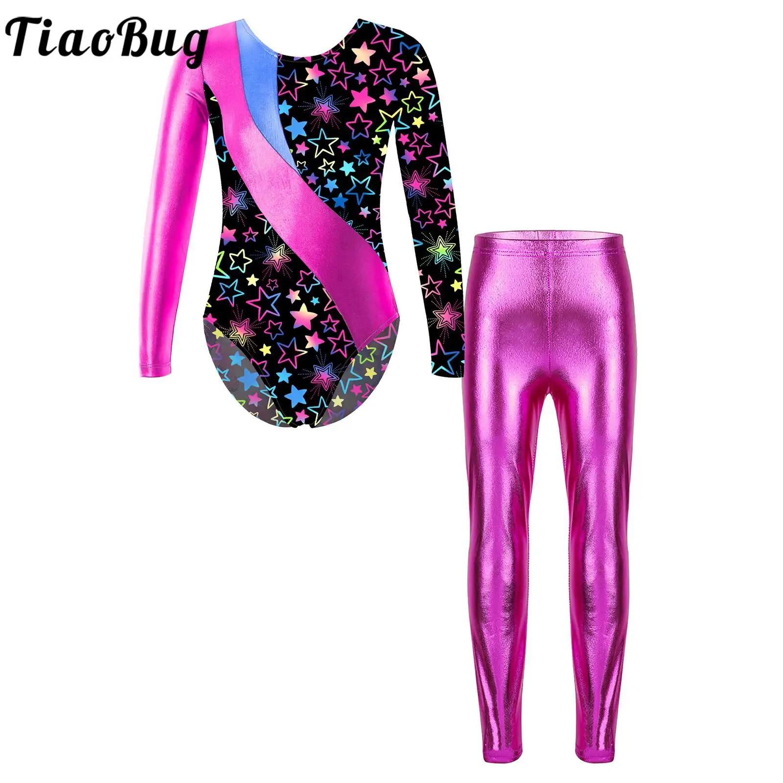 

Kids Girls Gymnastics Leotards with Leggings Dancewear Long Sleeve Cartoon Print Ballet Dance Sets Unitard Jumpsuit Outfits