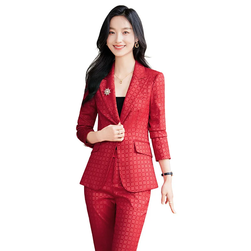 Women\'s Spring Autumn New Fashion Plaid Professional Suit Jacket Matching Set Korean Elegant Casual Blazers Pants Two Piece