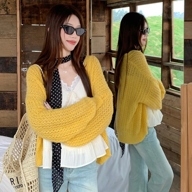 

Корейский однотонный однобортный нежный свободный женский милый полый вязаный кардиган весна-осень новый повседневный универсальный свитер пальто