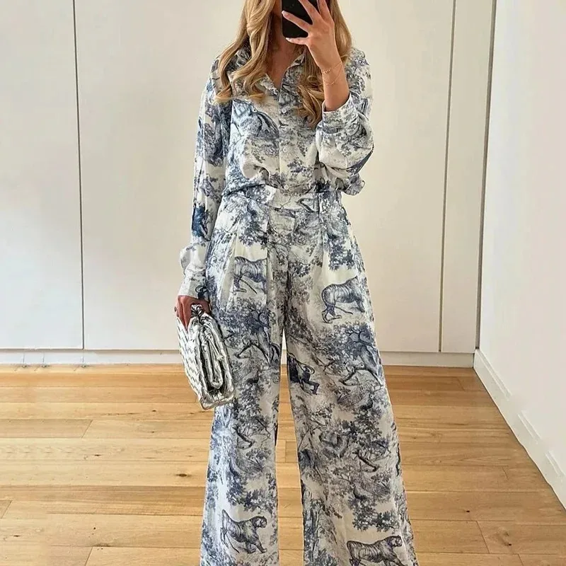 

Fashion Retro Printed Lapel Shirt For Women's 2-piece Set Spring And Autumn Casual Loose Wide-leg Pants Female Laziness Suit2025