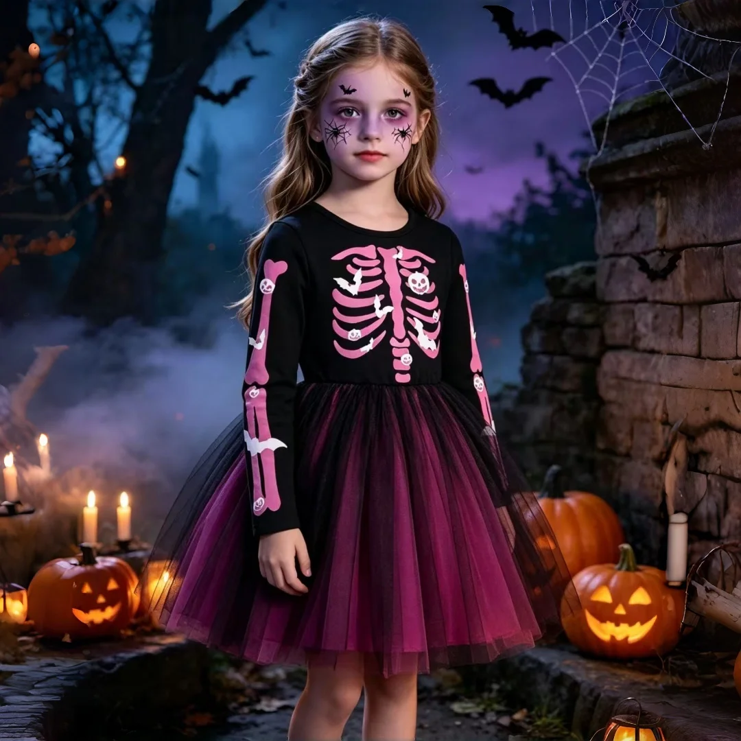 Kids Girls' Halloween Skull Pattern Mesh Dress For Spooky Night Children's Halloween Costumes Party Dress for Spring/Fall