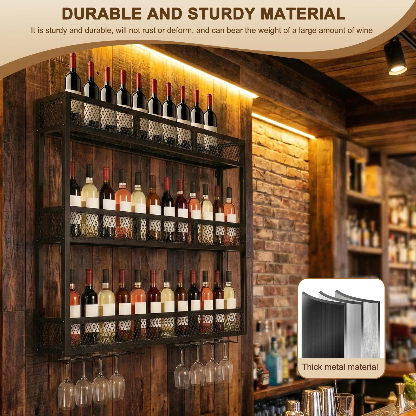 

Винная полка на 3 уровня (39 дюймов) с держателем для бокалов, стеллаж для хранения и демонстрации винных бокалов для кухни, домашнего бара, столовой, гостиной