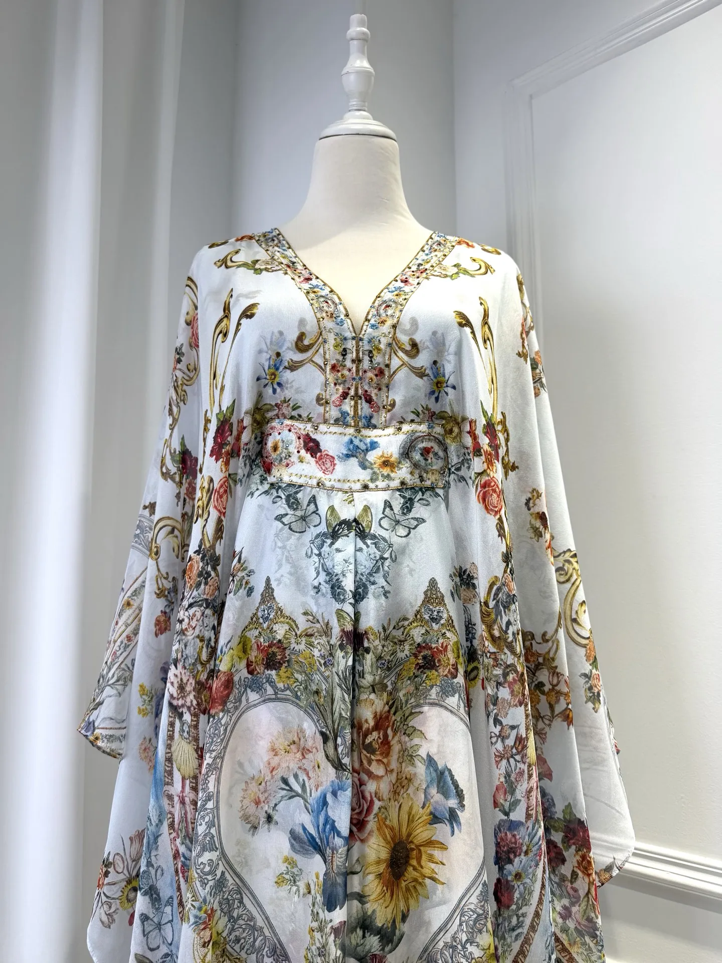 Women 100% Silk Floral Print Crystal Beaded Loose long Dress V-Neck High Waist Batwing Sleeve Elegant fashion maxi dress