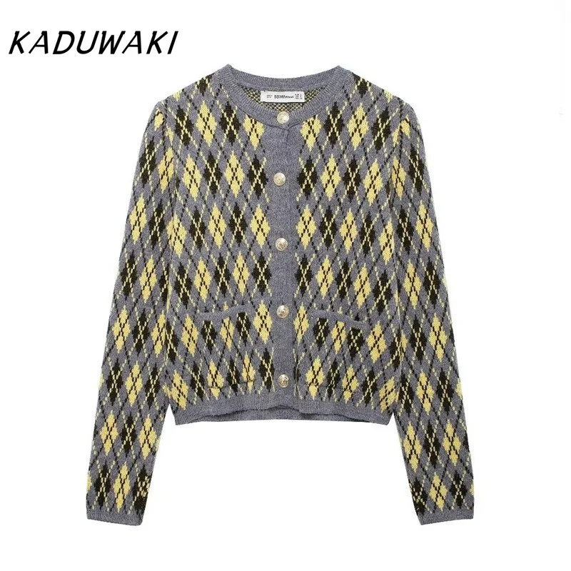 KADUWAKI أنيقة المرأة الجبهة التصحيح جيوب Argyle سترة متماسكة سترة طويلة الأكمام زر متابعة الإناث ملابس خارجية أنيقة الإناث