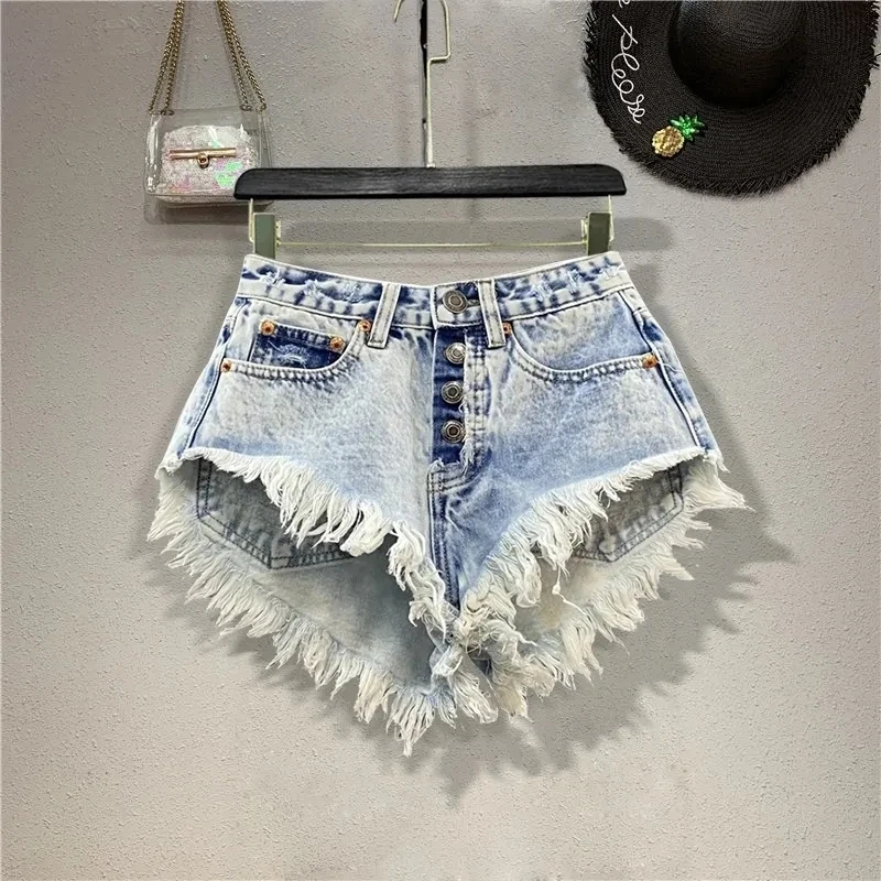 

Women's Jean Shorts Summer High Waist Single-Breasted Wide Leg Hot Pants Ripped Fringed Burr Denim Short Femme Ropa Mujer