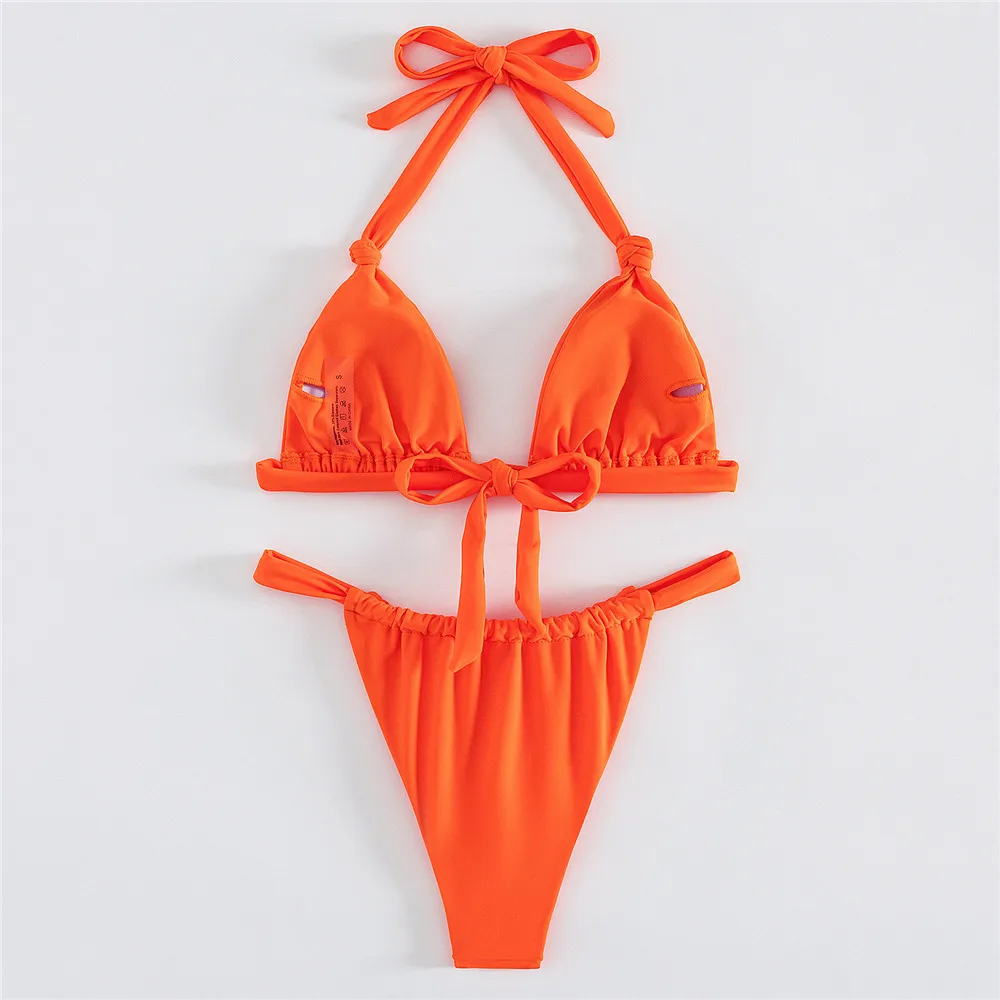 Orange Knotted Ruched Swimwear Halter Triangle Bikinis Sets Sexy Swimsuit Women Micro Thong Bathing Suit Biquinis Beachwear Swim