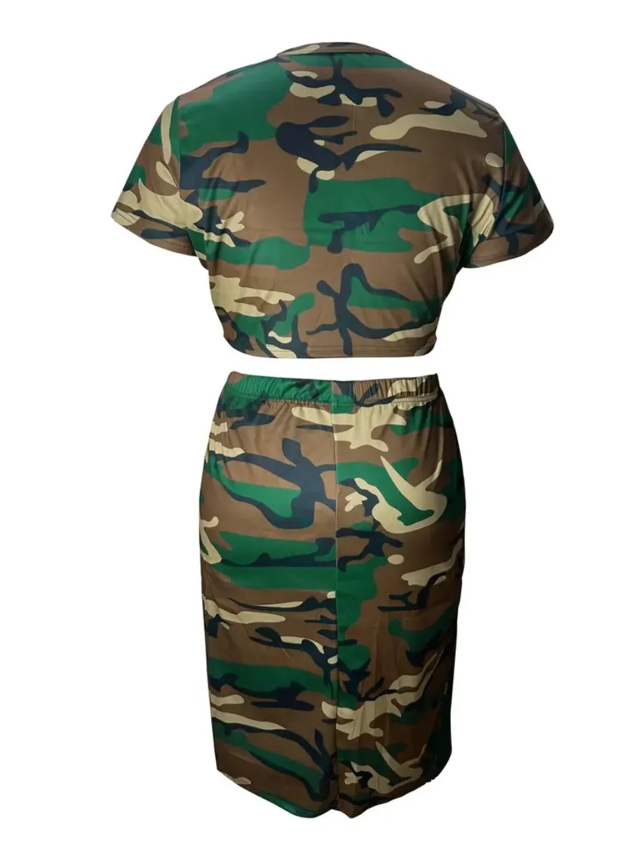 Conjunto feminino de saia midi, plus size, moda primavera e verão com estampa lw-camo de manga curta e fenda da coxa