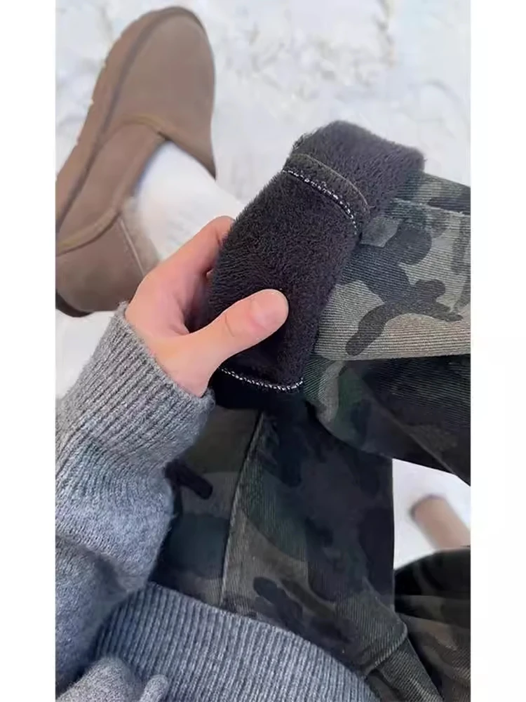 Retro americano camuflagem thiened fce jeans masculino inverno nordeste zero deees quente log workwear perna reta jeans