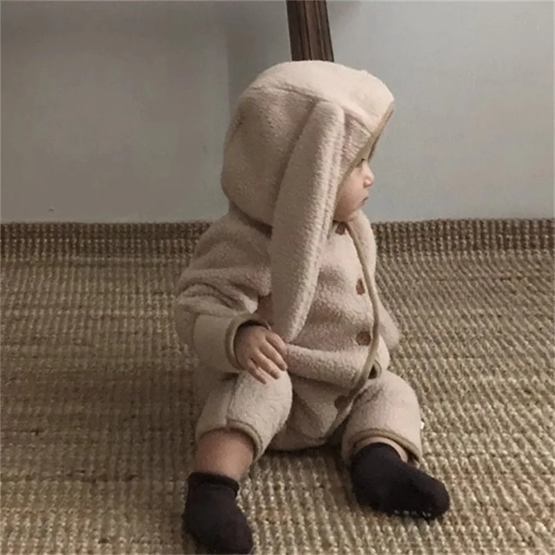 Autumn Winter Girl Baby Fleece Cute Rabbit Ears Cardigan Romper Boy Infant Solid Plus Velvet Warm One-piece Kid Casual Jumpsuit