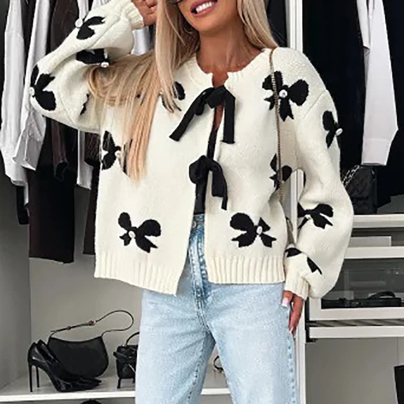 Women Causal Long Sleeve Loose Cardigan Jumper Fashion Butterfly Knot Printed Knitted Coat Elegant O-neck Lace Up Hollow Sweater