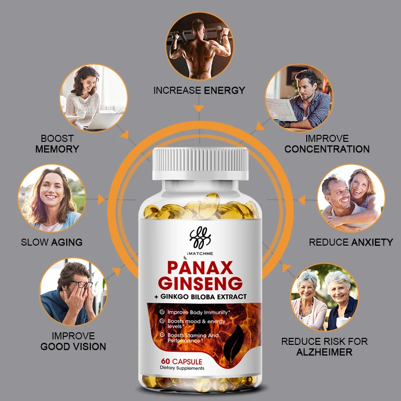 iMATCHME Red Panax Ginseng + Ginkgo Biloba + Ashwagandha for Energy, Strength, Focus, Memory and Mental Performan - 120PCS