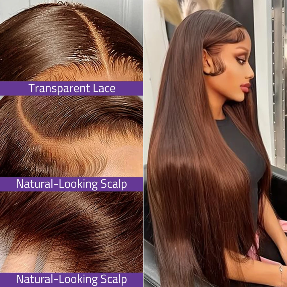 # 4 초콜릿 브라운 스트레이트 인모 가발 초콜릿 브라운 스트레이트 13x6 레이스 프론탈 인모 가발 여성용 200% 밀도