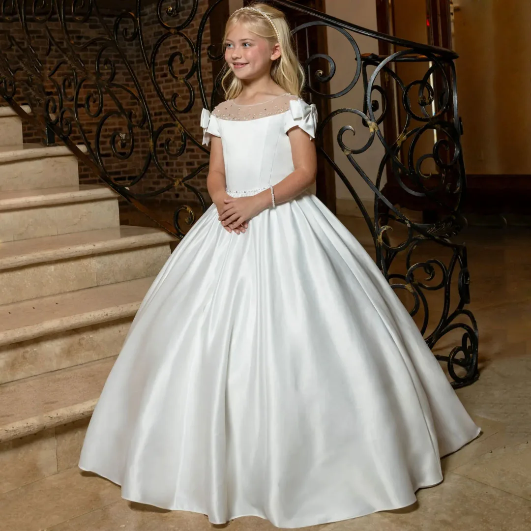 Customized Flower Girl Dress White Satin Siold With Bow Short Sleeve For Wedding Birthday Party Prom Banquet Princess Ball Gown