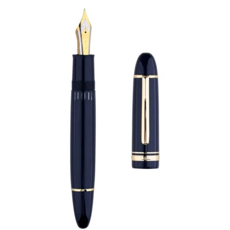 

Majohn P141 Piston Fountain Pen NO.8 Fine Nib Blue Resin with Ink Window Writing Gift Pen with Box Gold Trim
