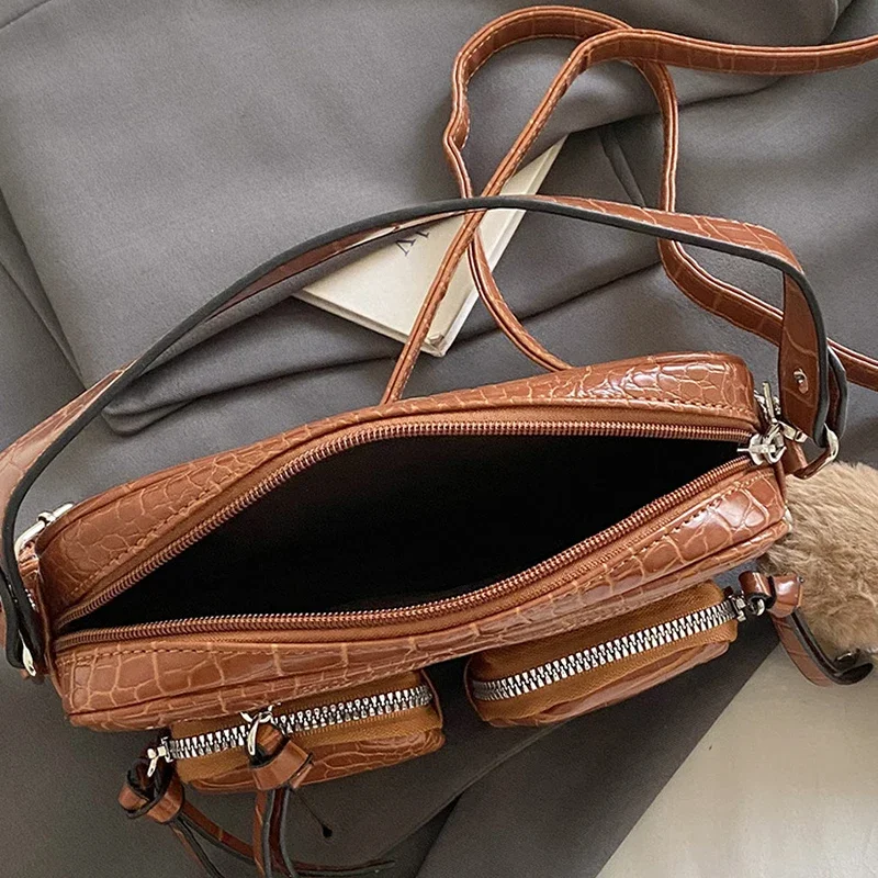Mehrteilige Umhängetasche mit Krokodilmuster, Damen-Sling-Bag, Messenger-Bag mit Reißverschluss, einfarbige Outdoor-Handtasche – Detail 3