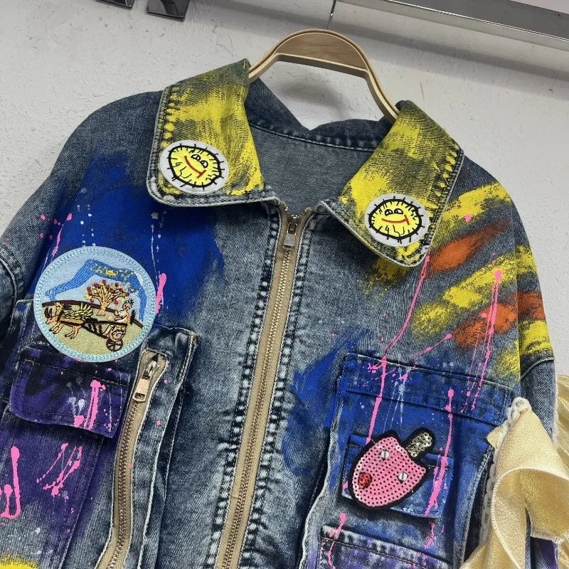 2025 New Autumn European Station Holiday Style Design Sweet Splicing Embroidery Heavy Industry Denim Jacket Women's Clothing