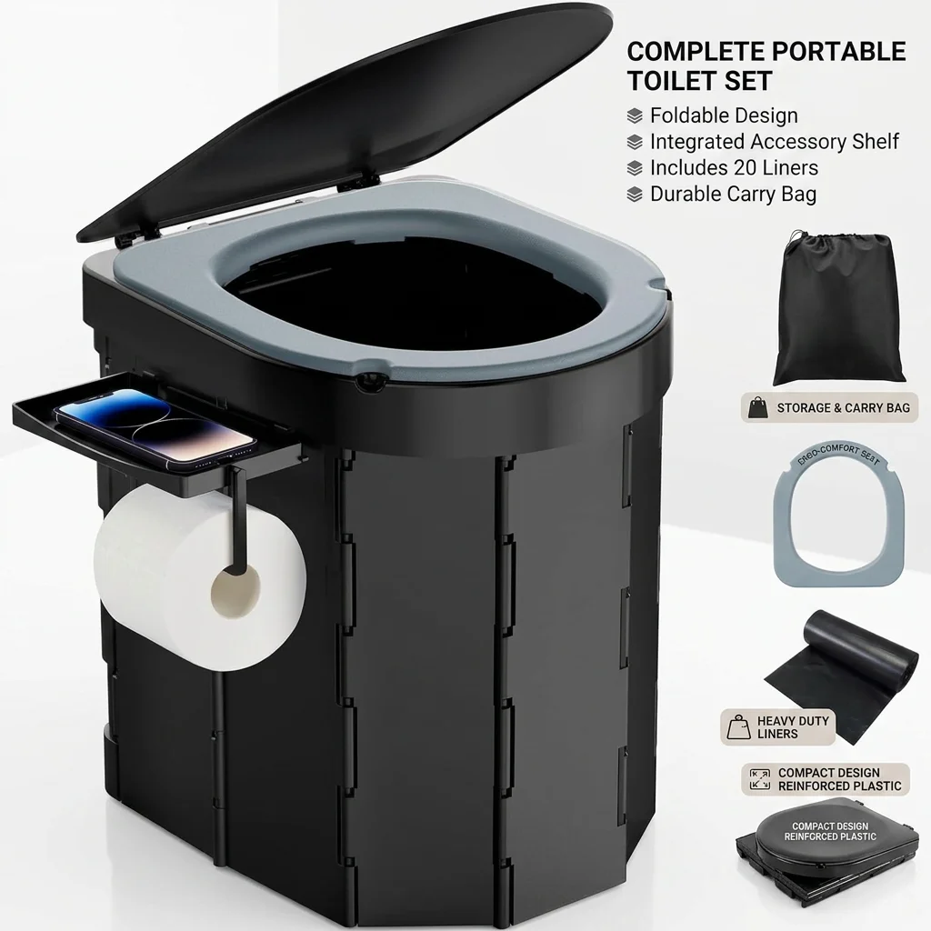 2026 Portable Folding Camping Toilet Adult Travel Potty with Lid Plastic Seat Easy to Clean Toilet Paper Holder Phone Shelf Carr