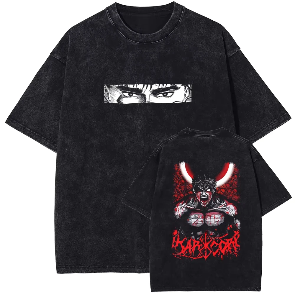 

Fashion Vintage Cotton Washed Black Tee Men Summer Streetwear Tshirt Anime Graphic Print Casual T-Shirt Unisex