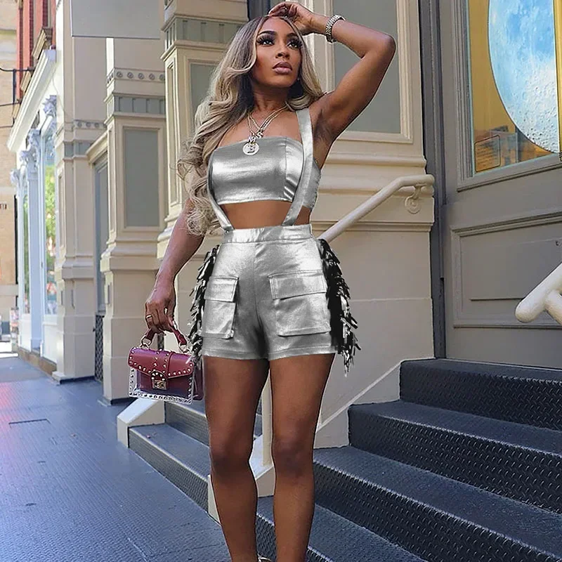 Metallic Two Piece Set for Women Y2K Clothes Club Birthday Outfits Strapless Crop Top and Shorts Overalls Ensemble Short Femme