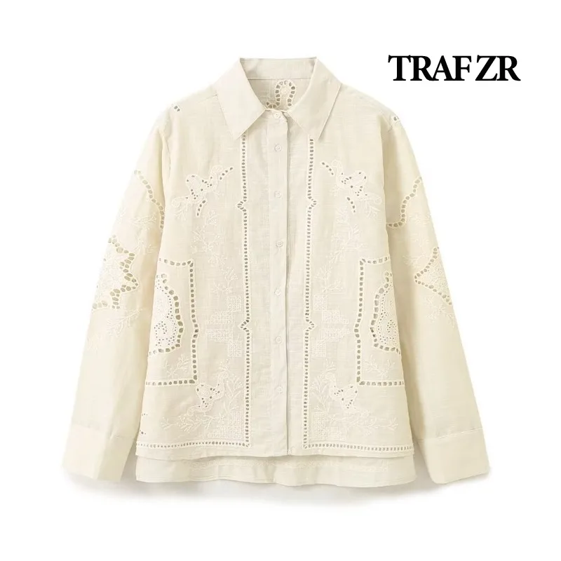 TRAF ZR embroidery Blouses for Lady Summer Top Long Sleeve Shirt Elegant Women\'s Luxury Blouses Harajuku Fashion Y2K Tops