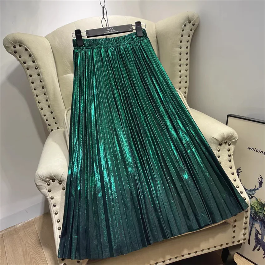 Gowyimme 2025 Spring Autumn Fahion Women High Waist Pleated Skirt Girl Midi-long A-line Solid Skirts Shiny Bottomings  PD1747