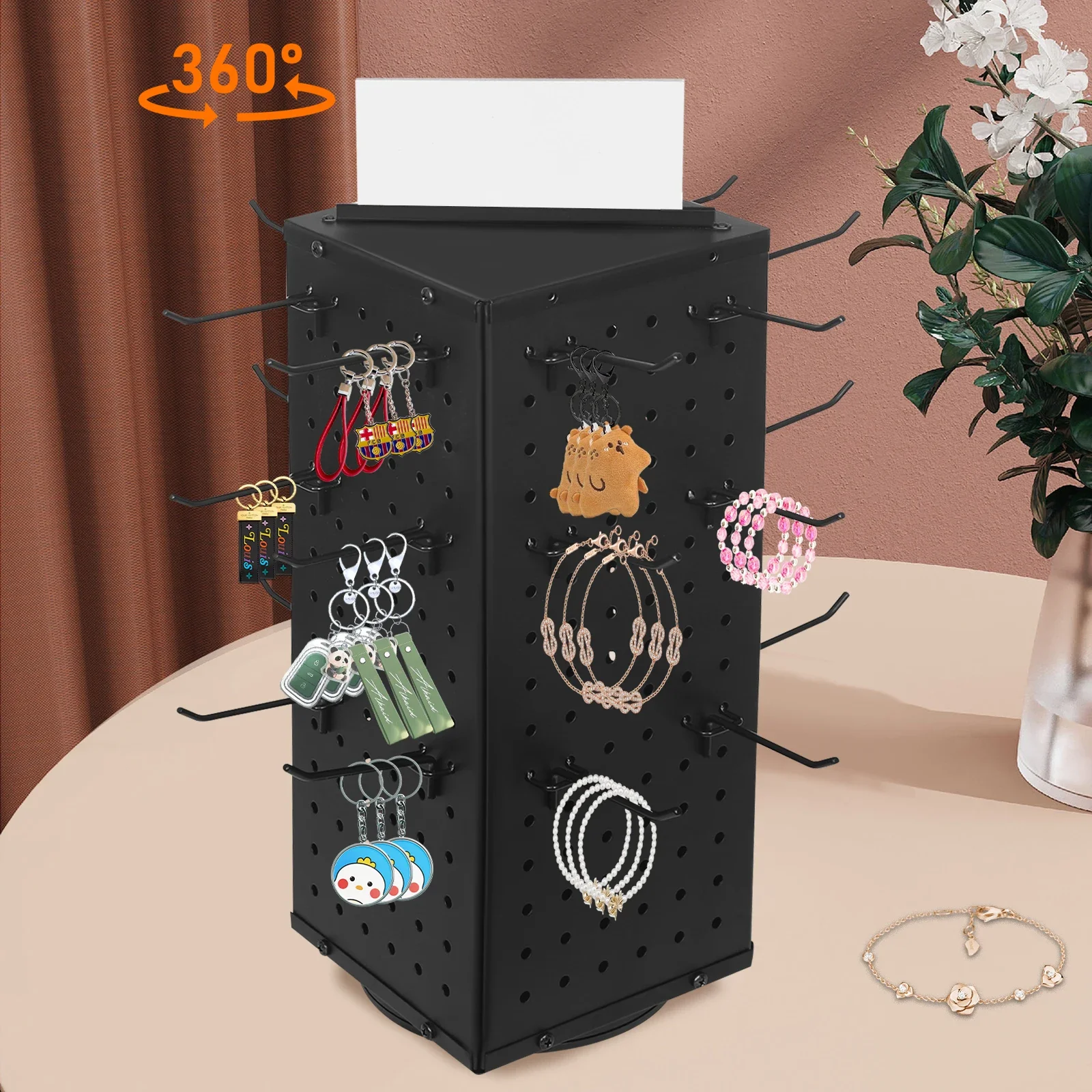 360 °   Stand Display Pegboard Berputar - Organizer Kerajinan 4 Sisi dengan 24 Kait - Rak Penyimpanan Baja Modern 17 Inci untuk Rumah & Kantor