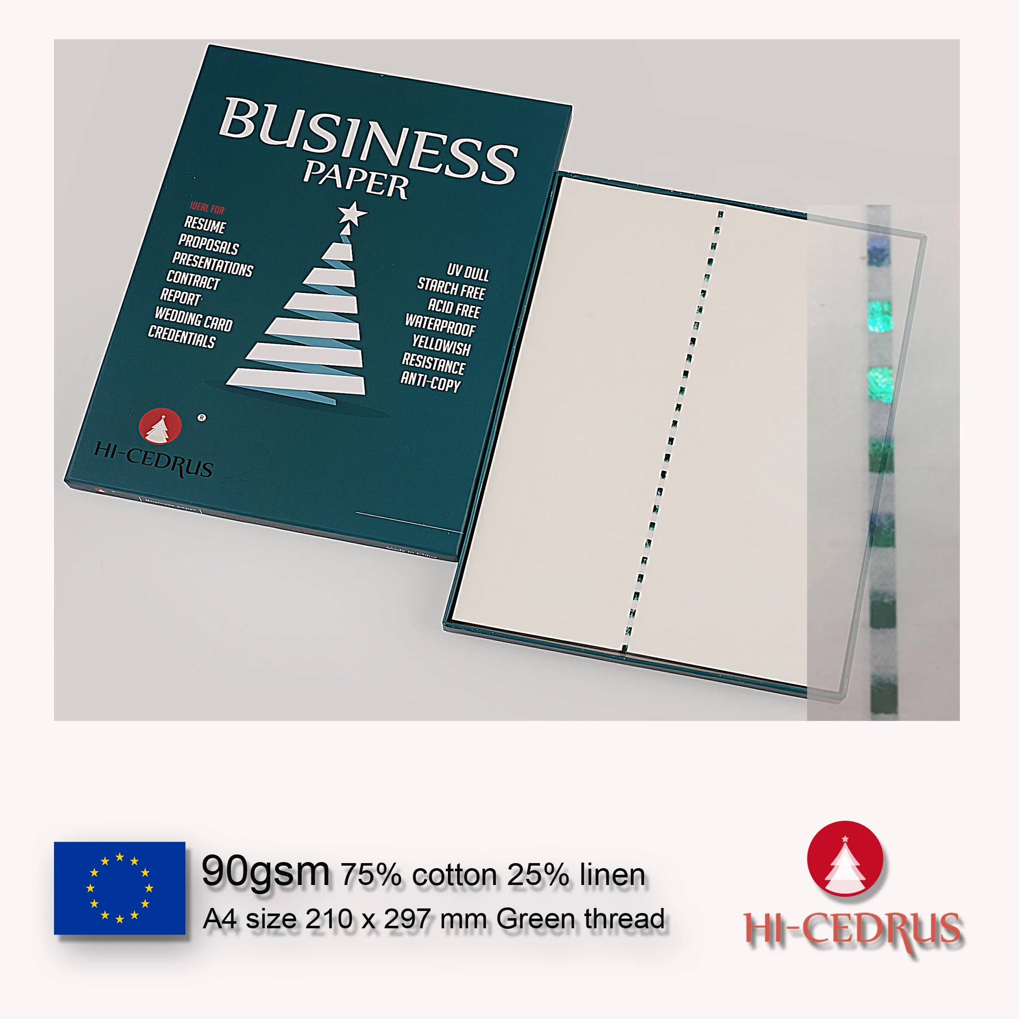 90gsm 75% bawełna 25% papier lniany A4 210*297mm Kolor biały z niewidzialnym włóknem UV Nić zielona 10 arkuszy GCYT019